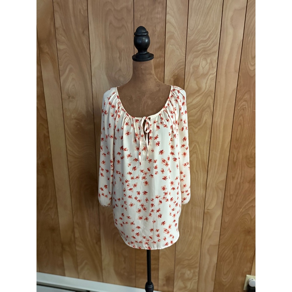 Ann‎ Taylor LOFT Floral Peasant Blouse Red Cream Tie Neck Long Sleeve Size L
